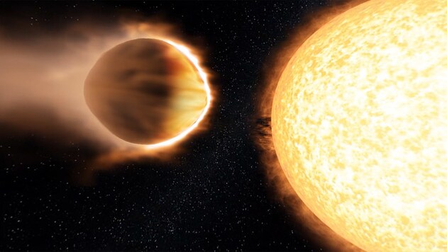 Künstlerische Darstellung: Der Exoplanet WASP-121b (links) im engen Orbit um seine Sonne (Bild: Engine House VFX, Bristol Science Centre, University of Exeter)