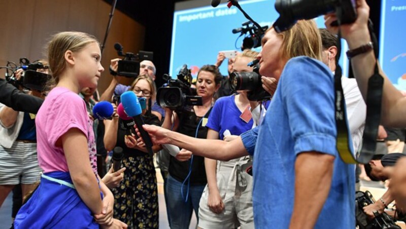 Von allen Teilnehmern war Thunberg die meistgefragte Person in Lausanne. (Bild: APA/AFP/FABRICE COFFRINI)