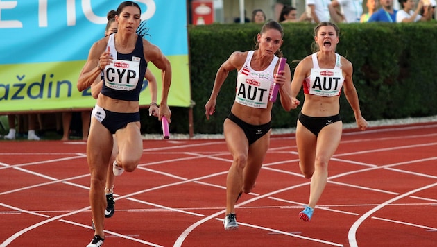 Sprinterin Steffi Bendrat (M.) lief mit der österreichischen 4x100 Meter-Staffel bei der Team-EM in Varazdin (Kro) auf Rang vier. (Bild: ÖLV)