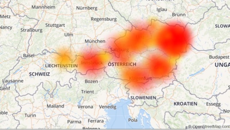 Auf allestoerungen.at ist zu erkennen, in welchen Regionen besonders viele Magenta-Kunden am Montag über Netzausfälle klagten. (Bild: allestoerungen.at)