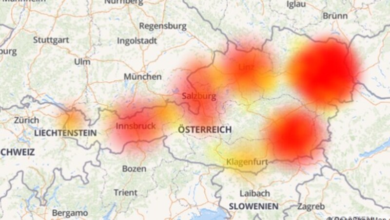 Aus diesen Regionen meldeten am Donnerstag Magenta- und HoT-Nutzer Netzprobleme auf allestoerungen.at. (Bild: allestoerungen.at)