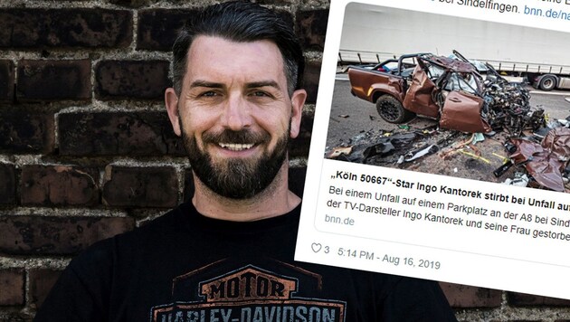 „Köln 50667“-Star Ingo Kantorek und seine Ehefrau kamen bei einem Unfall auf der Autobahn ums Leben. (Bild: twitter.com/BNN_BaNeuNa; obs/RTL II/PER FLORIAN APPELGREN; krone-at-Grafik)