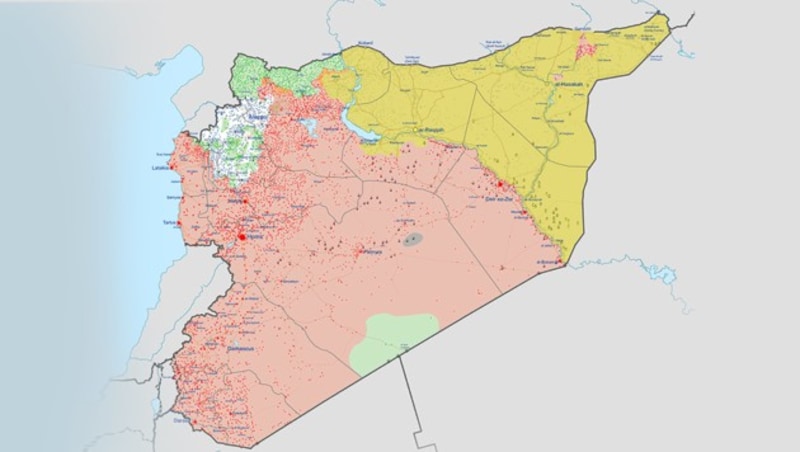 Die rote Fläche ist unter Kontrolle der Regierungstruppen, die anderen unter der Gewalt der verschiedenen Assad-Gegner (Grün: Freie Syrische Armee; Weiß: Dschihadistische Dschabhat Fatah asch-Scham; Gelb: Demokratische Kräfte Syriens - Stand: April 2019). (Bild: Wikipedia/Ermanarich (CC BY-SA 4.0), krone.at-Grafik)