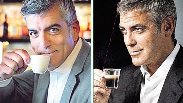 US-Mime George Clooney und sein Doppelgänger (links) (Bild: Espresso Club, Nespresso)