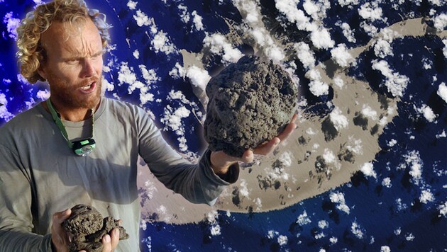 Segler Michael Hoult mit aus dem Meer gefischten Bimssteinen. (Bild: NASA/Earth Observatory/Joshua Stevens, facebook.com/SailSurfROAM, krone.at-Grafik)