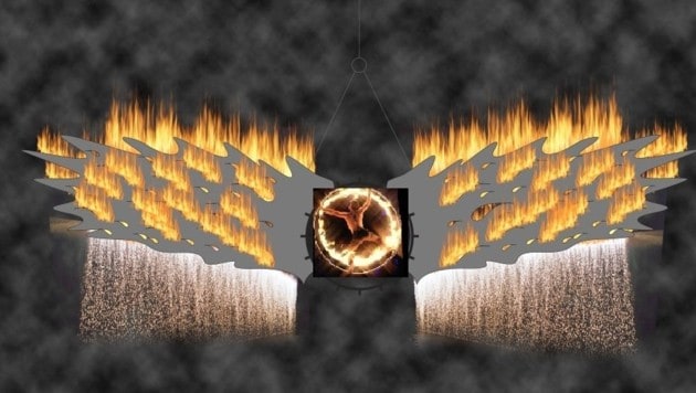 Höhepunkt: Ein Stuntman im Flammen-Ikarus, der 13 Meter Flügelspannweite und 1300 Kilo hat. (Bild: Ran Brown & Pyrovision)
