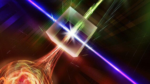 In einem nichtlinearen Kristall wird die Wellenlänge des Photons so verändert, dass es über herkömmliche Glasfaserleitungen gesendet werden kann. (Bild: IQOQI Innsbruck/Harald Ritsch)