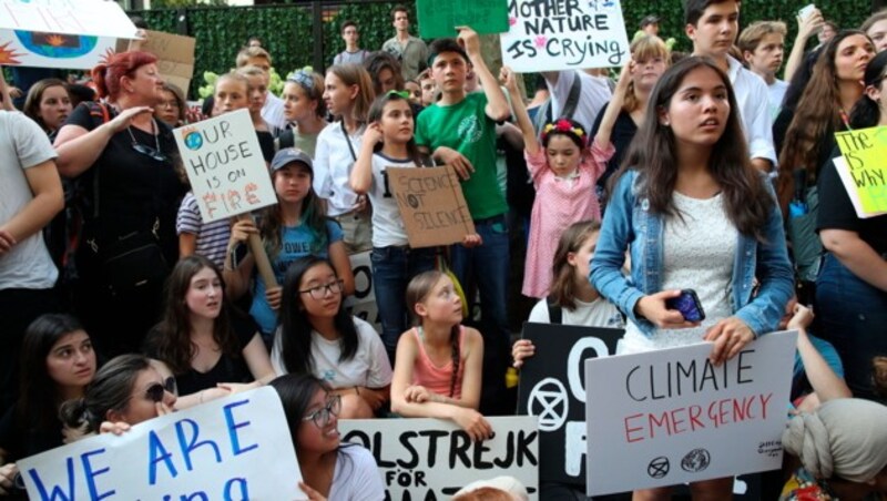 Als erste Aktion nahm Greta an einem Schulstreik vor dem UN-Gebäude in New York teil. (Bild: AP)