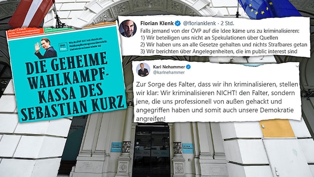 Der „Falter“ und die ÖVP schenken sich derzeit nichts. (Bild: twitter.com, krone.at-Grafik, APA/Robert Jäger)