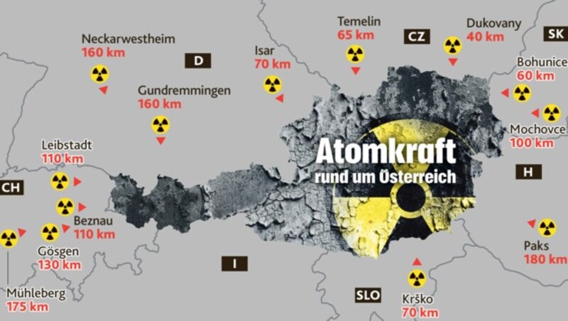 Atomkraft rund um Österreich (Bild: "Krone"-Grafik)