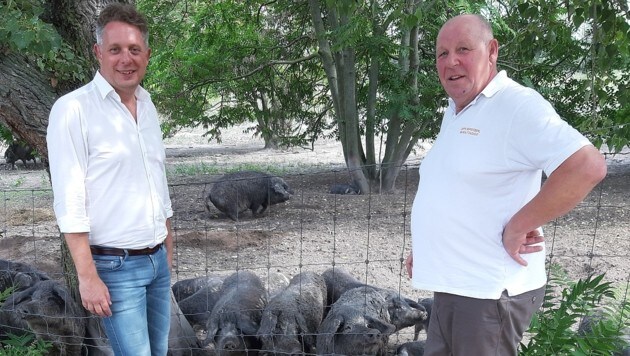 Landesrat Petschnig (li.) unterstützt Züchter Waba: „Der Betrieb hat eine enorme Vorbildwirkung für die ganze Region.“ (Bild: Büro LR Petschnig)