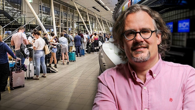 Auf dem Flughafen in Amsterdam wurde Thomas Schmidinger die Weiterreise in die USA verweigert. (Bild: AFP, Universität Wien/M. Kreutzer, krone.at-Grafik)