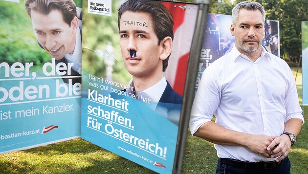 ÖVP-Generalsekretär Karl Nehammer bei einer Plakatpräsentation. Die Verunstaltungen dürften auch ihn wenig erfreuen. (Bild: APA/GEORG HOCHMUTH, twitter.com, krone.at-Grafik)