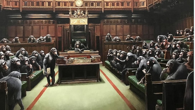 Dieses Gemälde des britischen Künstlers Banksy (hier bei der Versteigerung) drückt die Enttäuschung vieler Menschen über das Unterhaus in London aus: Statt Lösungen zu liefern, ergehen sich die Politiker in eitlen und erbärmlichen Ränkespielen. (Bild: instagram.com/Banksy)