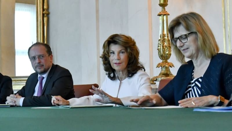 Für Österreich bei der UNO-Generalversammlung: Kanzlerin Bierlein (Mitte), Umweltministerin Patek, Außenminister Schallenberg (Bild: APA/HERBERT NEUBAUER)