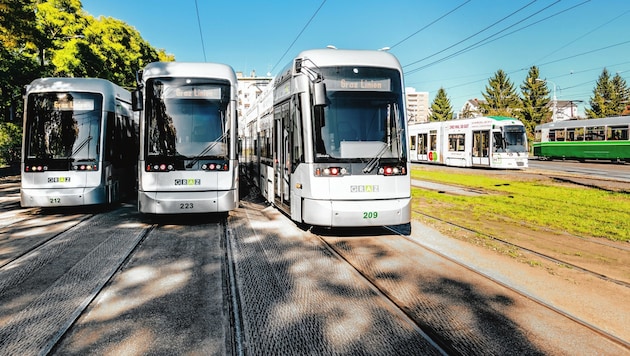 Aktuell umfasst die Grazer Straßenbahnflotte Garnituren von drei Produzenten. (Bild: HG Linien/Lupi Spuma)