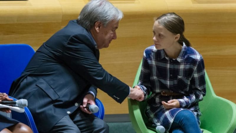 UNO-Generalsekretär Antonio Guterres und Greta Thunberg (Bild: AP)