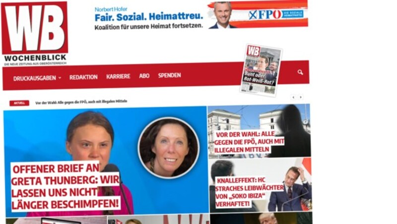 Der „Wochenblick“ will sich als Gegenpol zu den „Mainstream-Medien“ positionieren, enthält auffällig viel Werbung und Berichte rund um die FPÖ, dementiert aber, von selbiger finanziert zu werden. (Bild: Screenshot wochenblick.at)