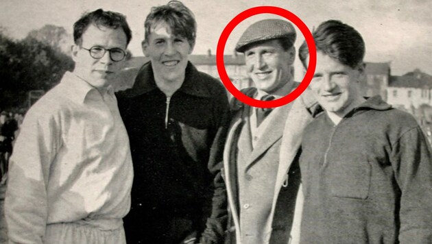 Franz Stampfl (mit Kappe) sowie Chris Brasher, Roger Bannister und Chris Chataway (von links nach rechts) (Bild: Privatarchiv Anton Stampfl, veröffentlicht in: Franz Stampfl, On Running, New York 1955, Fotograf: H.A. Meyer)