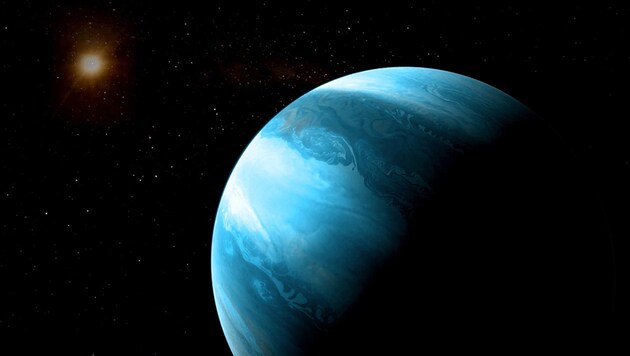 Künstlerische Darstellung des Planeten GJ 3512b (im Vordergrund) vor seiner Sonne (links) (Bild: CARMENES/RenderArea/J. Bollain/C. Gallego)