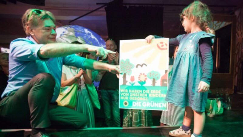 Werner Kogler und ein Mädchen halten ein Plakat mit der Aufschrift: „Wir haben die Erde von unseren Kindern nur geborgt.“ (Bild: AFP)