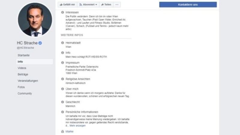 Laut Impressum ist die FPÖ für die Seite „HC Strache“ verantwortlich. (Bild: Screenshot Facebook)