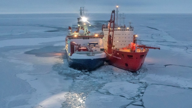 Die Polarstern (links) mit dem russischen Eisbrecher Akademik Federov (Bild: Alfred-Wegener-Institut/Esther Horvath (CC-BY 4.0))