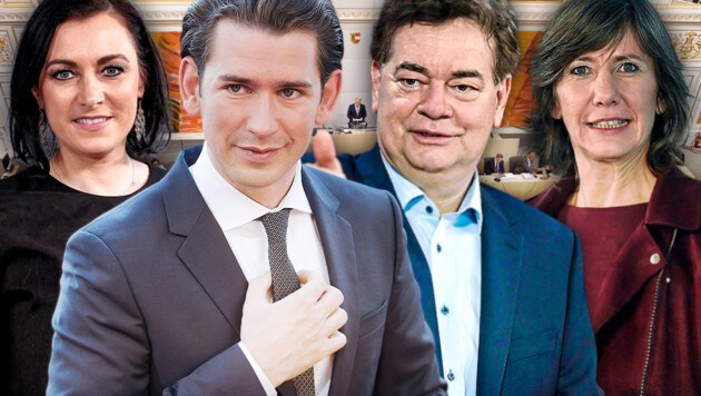 Elisabeth Köstinger und Sebastian Kurz werden für die ÖVP verhandeln, Werner Kogler und Birgit Hebein für die Grünen sonideren. (Bild: APA, krone.at-Grafik)