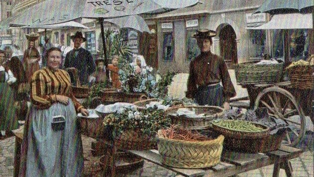 „Ratsch-Thresl“ mit ihrem Gemüsemarktstand (Bild: Archiv)
