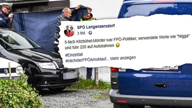 Mit diesem Posting über den Fünffachmord in Kitzbühel sorgt die SPÖ Langenzersdorf wieder einmal für viel Gesprächsstoff im Internet. (Bild: APA/ZEITUNGSFOTO.AT, facebook.com, krone.at-Grafik)