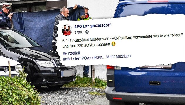 Mit diesem Posting über den Fünffachmord in Kitzbühel sorgt die SPÖ Langenzersdorf wieder einmal für viel Gesprächsstoff im Internet. (Bild: APA/ZEITUNGSFOTO.AT, facebook.com, krone.at-Grafik)