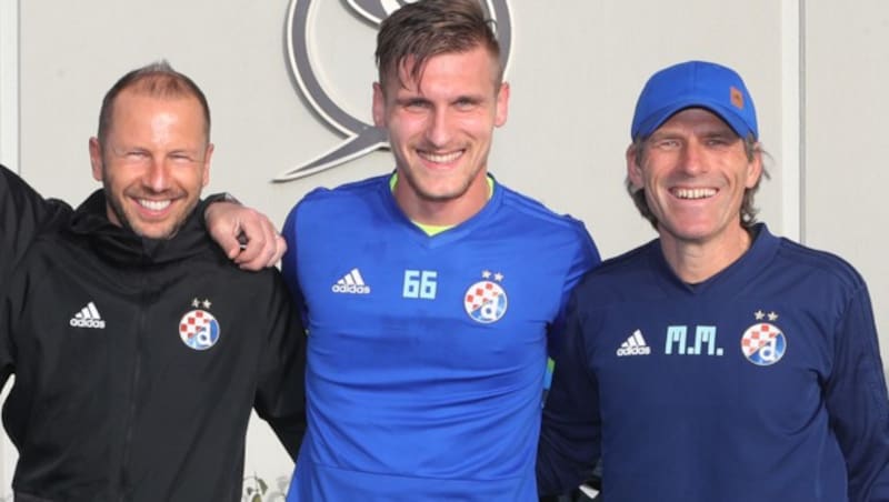 Emir Dilaver mit Dinamo Zagrebs Co-Trainer René Poms (li.) und Konditionstrainer Martin Mayer (re.) - alle drei Herren waren vor sechs Jahren auch bei der Wiener Austria! (Bild: GEPA)