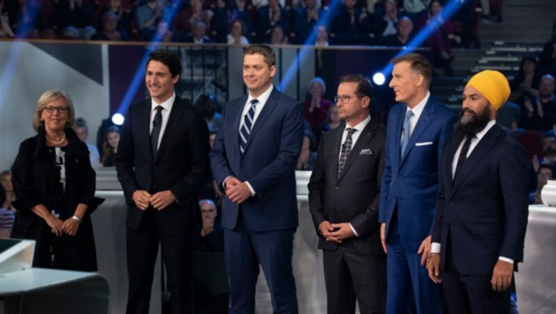 Elizabeth May, Justin Trudeau, Andrew Scheer, Maxime Bernier, Yves-Francois Blanchet und Jagmeet Singh (Bild: AFP)