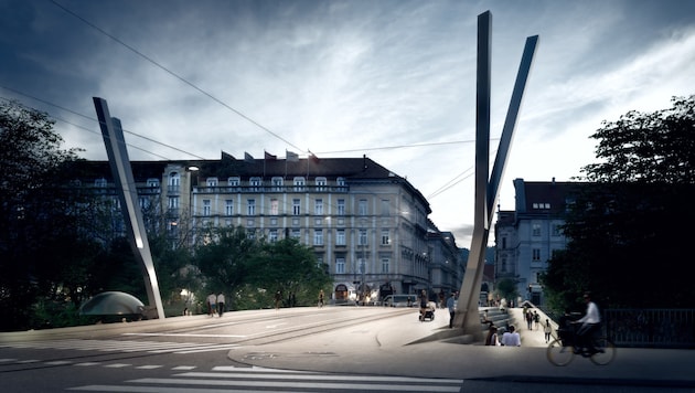 Daraus wird nichts: Wegen der markanten Brückenpfeiler sprach Nagl von einem „modernen Stadttor“. (Bild: Visualisierung: Wolfgang Taschapeller ZT GmbH)
