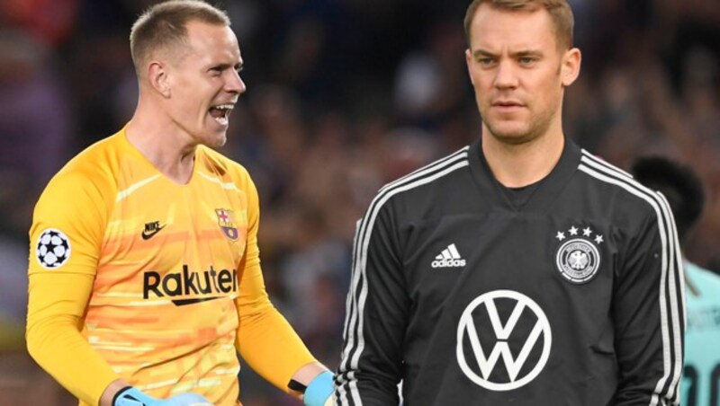 Wer wird 2024 zwischen den Pfosten stehen? Marc-Andre ter Stegen (l.) oder Manuel Neuer? (Bild: AFP, krone.at-Grafik)