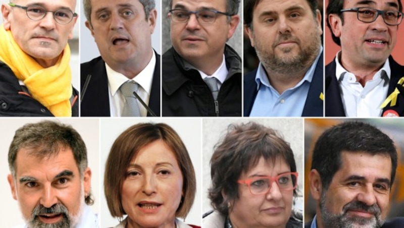 Die verurteilten Separatistenführer von links nach rechts (obere Zeile): Raul Romeva, Joaquim Forn, Jordi Turull, Oriol Junqueras, Josep Rull; (untere Zeile): Jordi Cuixart, Carme Forcadell, Dolors Bassa und Jordi Sanchez. (Bild: AFP)