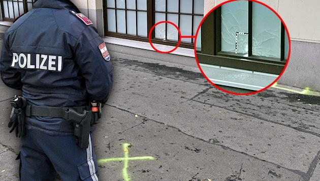 Hier in der Quellenstraße in Wien kam es zu den Schüssen der Polizei auf einen Verdächtigen. Ein Projektil durchschlug eine Scheibe. (Bild: APA/HERBERT NEUBAUER, APA/HANS PUNZ, krone.at-Grafik)