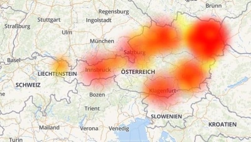 Die Dichte der Störungsmeldungen rund um das A1-Netz kurz vor 13 Uhr (Bild: Screenshot allestörungen.at)