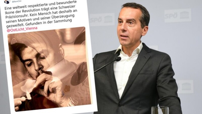 Christian Kern postete auf Twitter ein Bild von Che Guevara mit dessen Rolex. (Bild: APA/Helmut Fohringer, twitter.com, krone.at-Grafik)