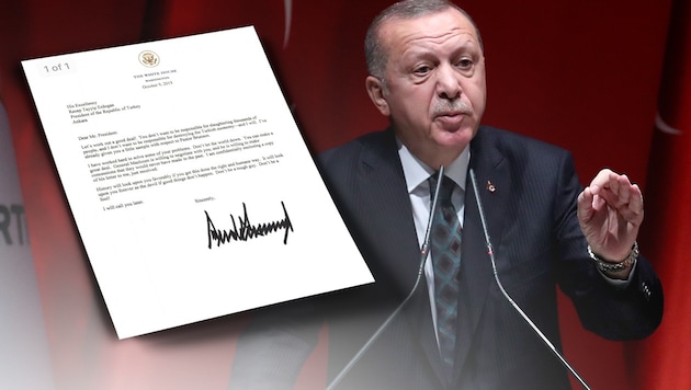 Erdogan hat Trumps Brief einfach in den Mist geworfen. (Bild: APA/AFP/Adem Altan, AFP, krone.at-Grafik)