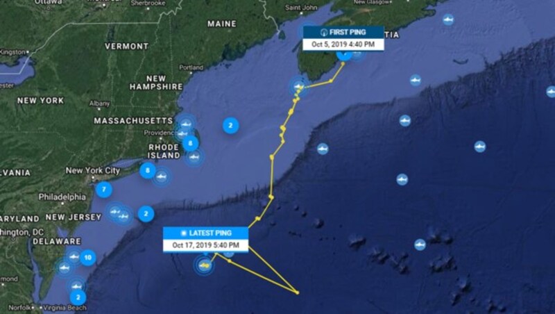 Vom „first ping“ bis zum „latest ping“: die Reiseroute von „Vimy“ bei ocearch.org (Bild: Screenshot/ocearch.org)