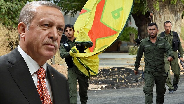Präsident Recep Tayyip Erdogan verlangt, dass die kurdischen Kämpfer die künftige „Sicherheitszone“ in Nordsyrien verlassen. Die Kurden wiederum beklagen, dass ihr Rückzug von türkischer Seite blockiert werde. (Bild: APA/AFP, AP, krone.at-Grafik)