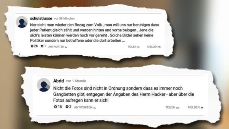 Zwei von sehr vielen Kommentaren, die auf krone.at zu den Gangbetten gepostet wurden (Bild: Screenshot krone.at, Reinhard Holl, krone.at-Grafik)