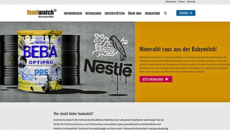 Warnung auf der Homepage von Foodwatch (Bild: Screenshot/foodwatch.com)