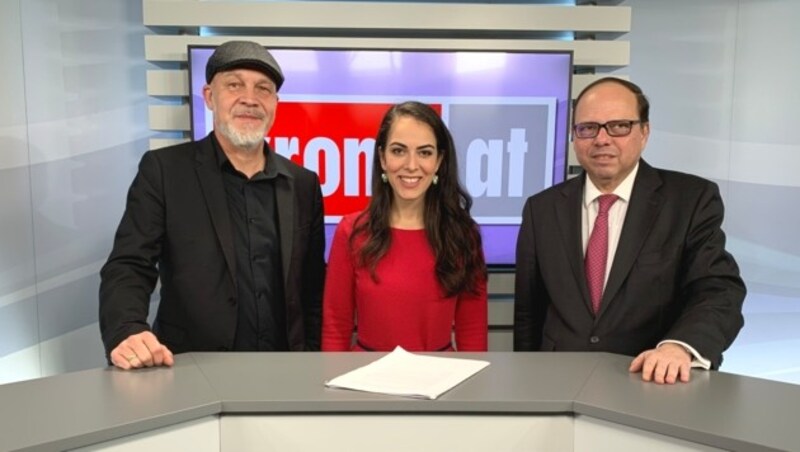 Damita Pressl im Talk mit Erich Fenninger (links) und Thomas Szekeres (rechts) (Bild: krone.tv)