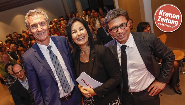 „Krone“-Chefredakteur Claus Pándi mit Oberbank Vorstand Josef Weißl (li.) und Bankdirektorin Petra Fuchs. (Bild: Markus Tschepp)