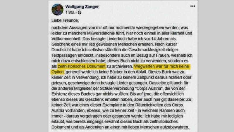 Zangers Statement zu den besonders geschmacklosen Passagen in dem Liederbuch (Bild: facebook.com/wolfgang.zanger)