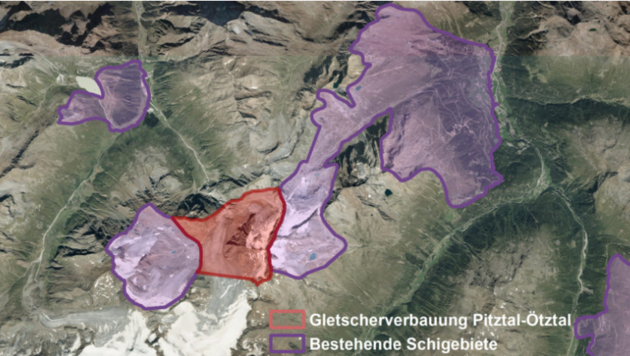 Die bestehenden Skigebiete sollen mit der „Gletscher-Ehe“ zusammengeschlossen werden. (Bild: Screenshot seele-der-alpen.at)