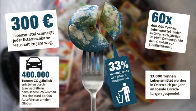 In Österreich landen 150 vollbeladene Sattelschlepper an Lebensmitteln im Müll – jeden Tag (Bild: ORF/First Look, Krone Grafik)