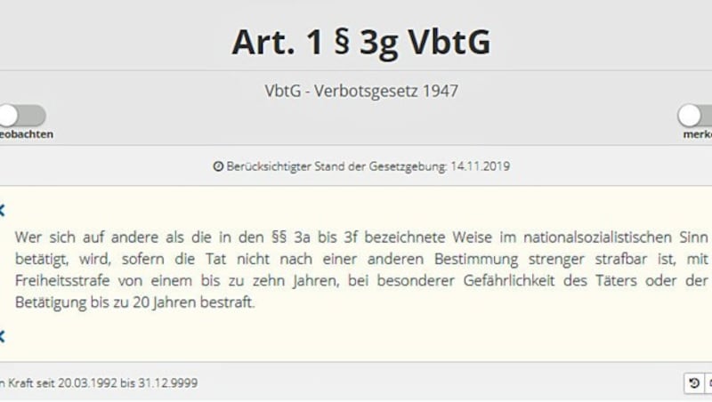 Verbotsgesetz Paragraf 3g (Bild: Screenshot/justline.at)